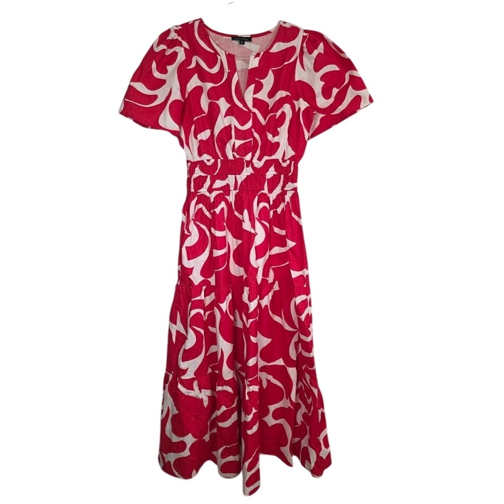 Meadow Rhodes Womens S Midi‎ Dress Pink White Abstract Smocked Tiered Cotton